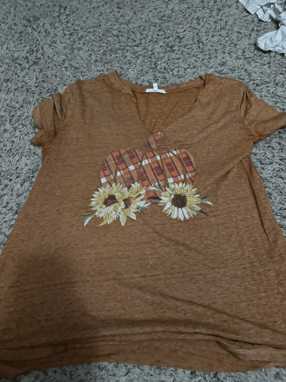 Maurices Rust Orange V-Neck Tee with Pumpkin & Sunflower Graphic